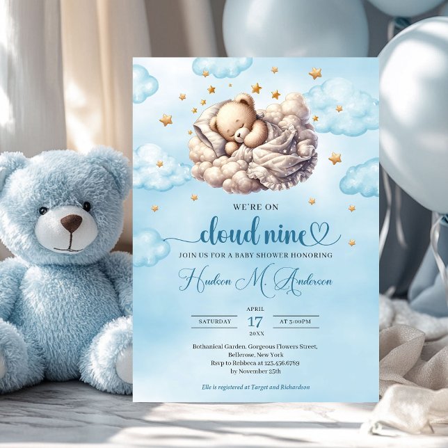 Invitación Cloud 9 Oso de peluche Sleeping Tedys Boy Baby Sho (we're on cloud nine boy baby shower invitation)