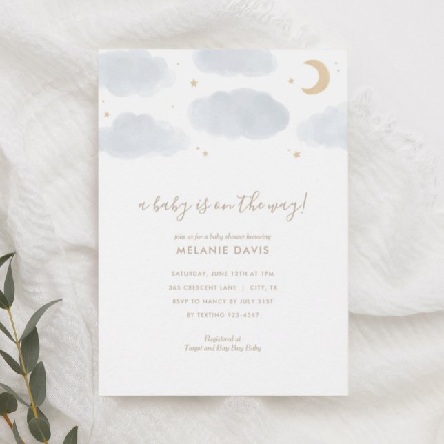 Invitación Cloud and Stars Blue Watercolor Baby Shower (Subido por el creador)
