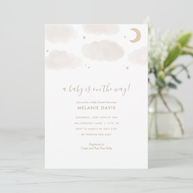 Invitación Cloud and Stars Neutral Watercolor Baby Shower (Anverso de pie)