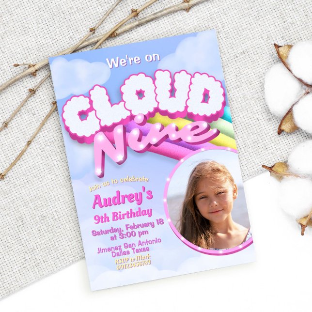 Invitación Cloud Nine - 9th Birthday with Photo (Cloud Nine - 9th Birthday with Picture Photo Invitation)