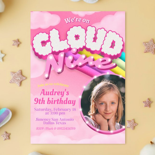Invitación Cloud Nine - 9th Birthday with Picture (Cloud Nine - 9th Birthday with Picture Invitation)
