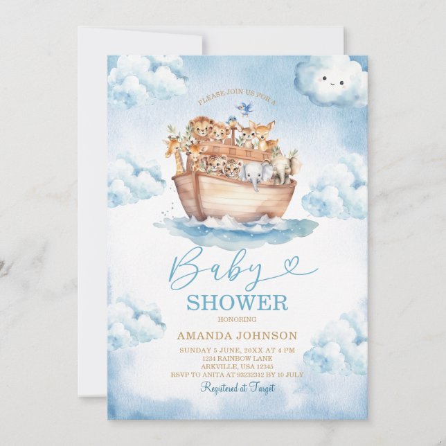 Invitación Cloud Noah's Ark Light Blue Baby Shower (Anverso)