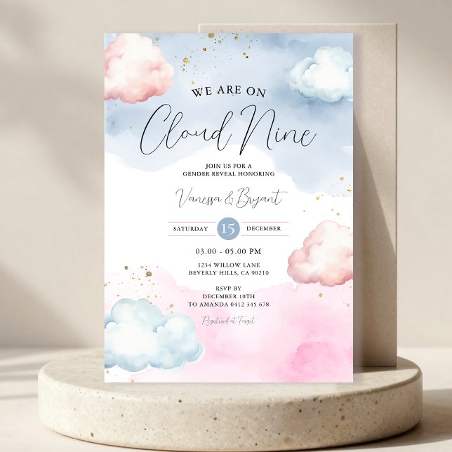 Invitación Cloud Rubor Pink & Blue Gender Revelan Gold Purpur (Subido por el creador)