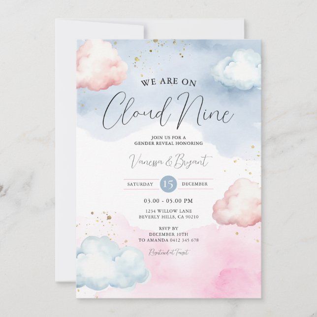 Invitación Cloud Rubor Pink & Blue Gender Revelan Gold Purpur (Anverso)