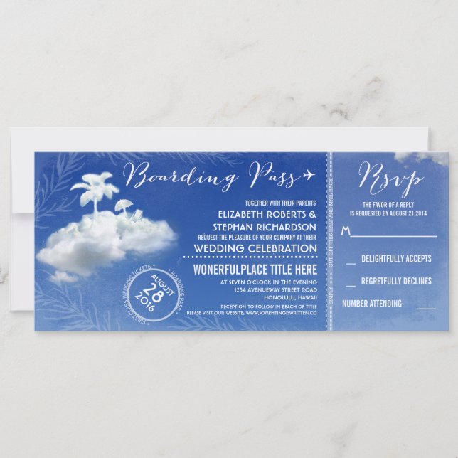 Invitación Clouds Beach Boarding Pass Bodas Tickets (Anverso)