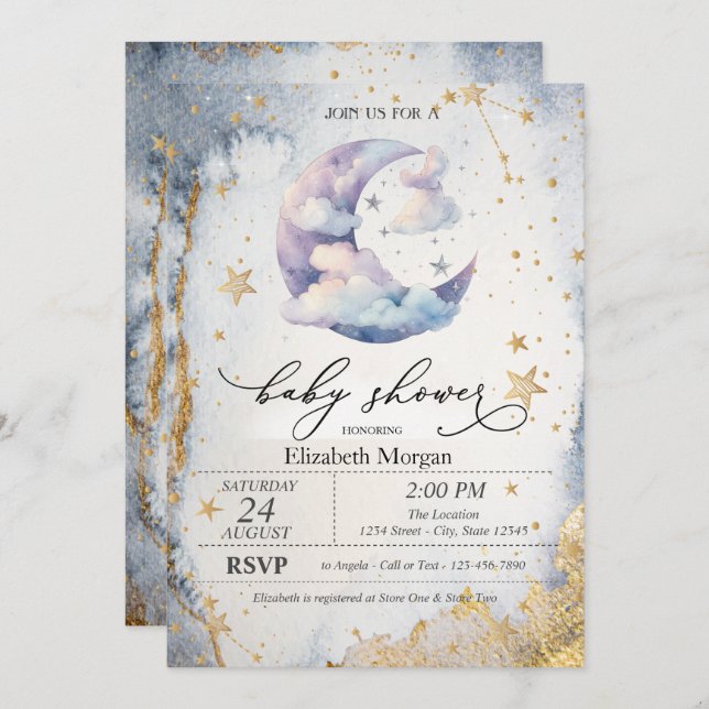 Invitación Clouds Moon,Stars Watercolor Baby Shower  (Anverso / Reverso)