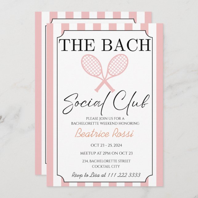Invitación Club Campestre de Tenis Bachelorette Weekend (Anverso / Reverso)