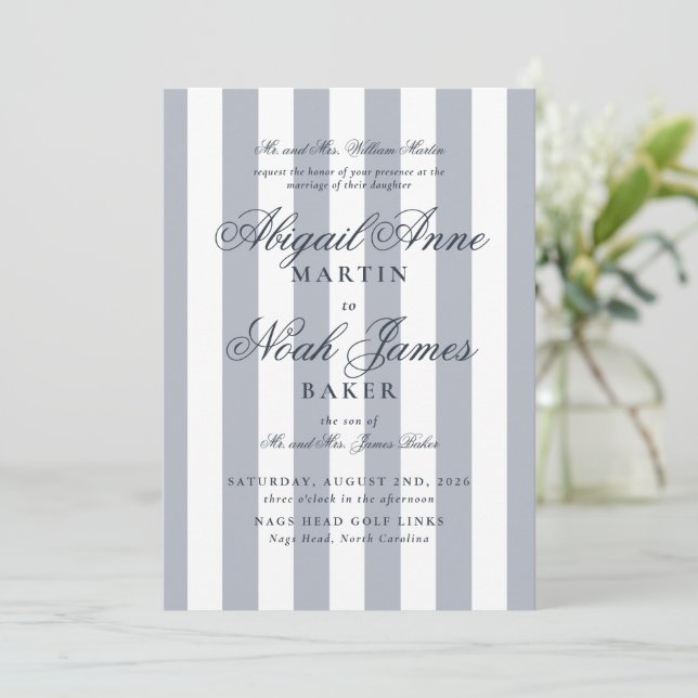 Invitación Club Campestre Elegante Boda de rayas azules forma (Anverso de pie)