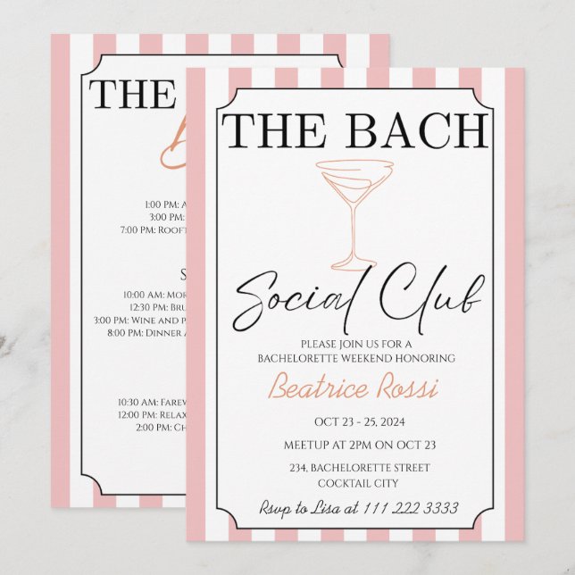 Invitación Club de Campo Social Rosa Bachelorette Weekend (Anverso / Reverso)