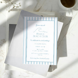 Invitación Club de playa de franja blanca y azul Cabana Cumpl