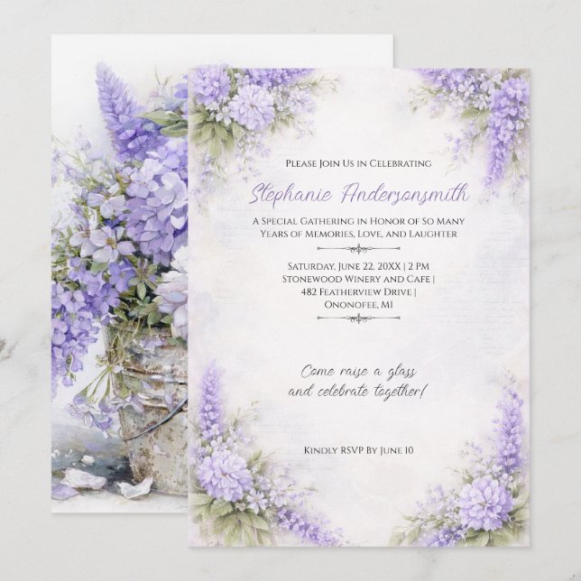 Invitación Clusters Florales de Lavanda Morado Cumpleaños | (Anverso / Reverso)