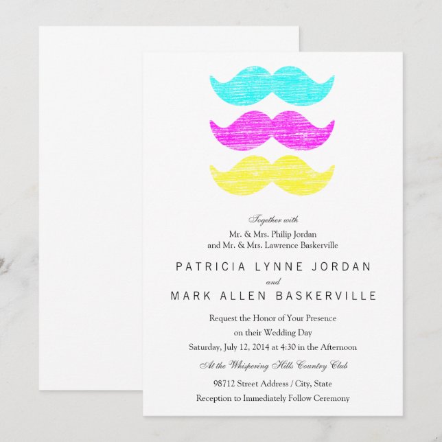 Invitación CMY Mustaches (estilo letterpress) (Anverso / Reverso)
