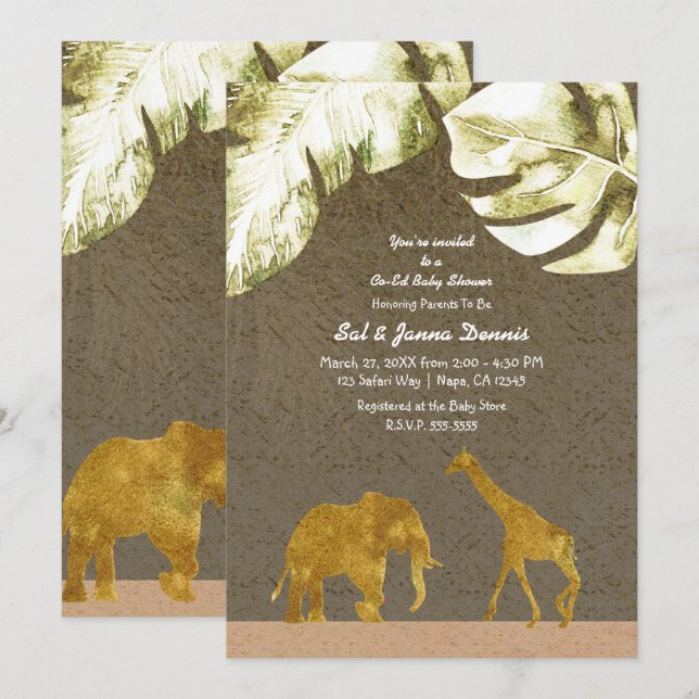 Invitación Co-ed Baby Shower Gold Safari Jungle Animals (Anverso / Reverso)