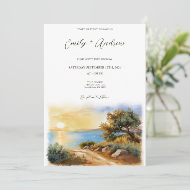 Invitación Coast Watercolor Sunset Mediterranean Half Wedding (Anverso de pie)