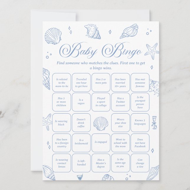 Invitación Coastal Baby Shower Find the Guest Bingo Game Card (Anverso)