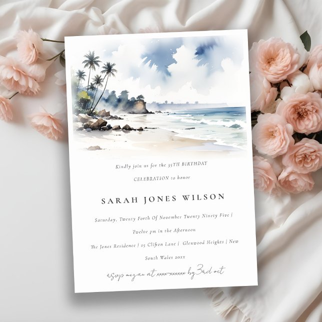 Invitación Coastal Bali Beach Palm Trees Acuarela Cumpleaños (Subido por el creador)
