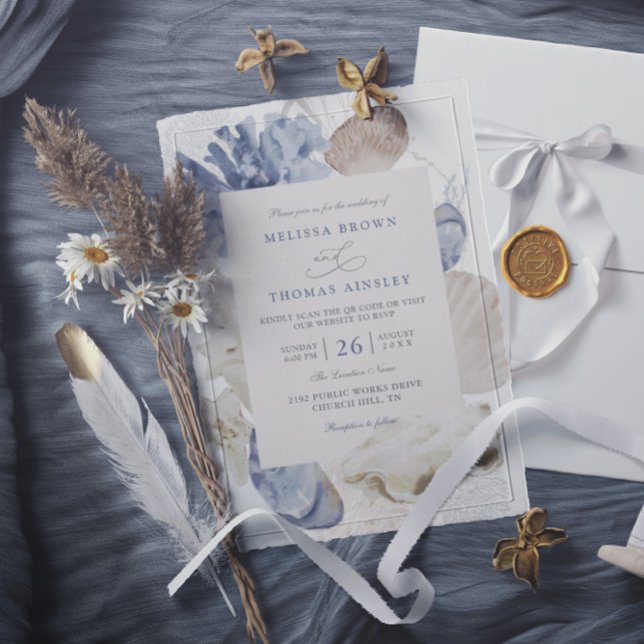 Invitación Coastal beach blue seashell qr code wedding (Subido por el creador)