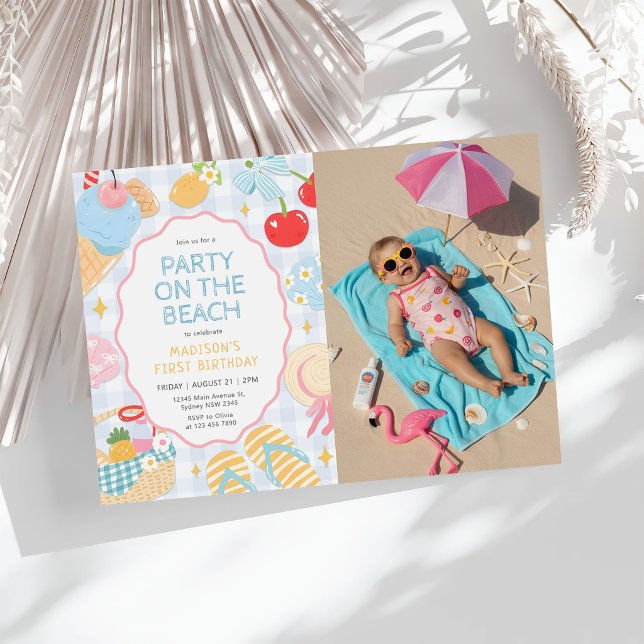 Invitación Coastal Beach Pastel Doodle Girls Birthday Photo (Subido por el creador)