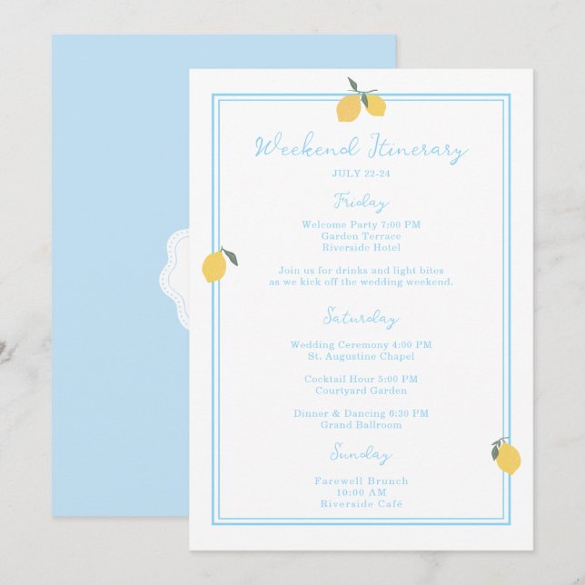 Invitación Coastal Blue Lemon Amalfi Wedding Itinerary Card (Anverso / Reverso)