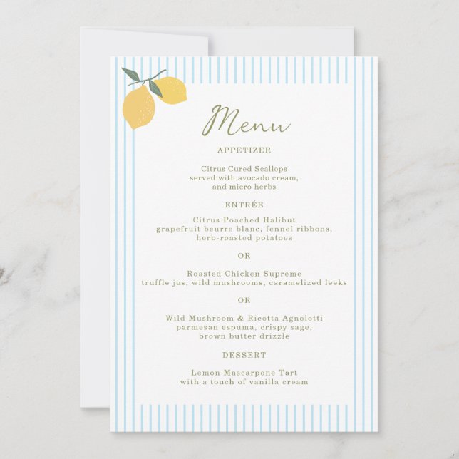 Invitación Coastal Blue Lemon Amalfi Wedding Menu Card (Anverso)