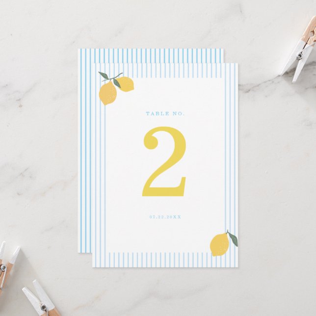 Invitación Coastal Blue Lemon Amalfi Wedding Table Number (Anverso/Reverso In Situ)