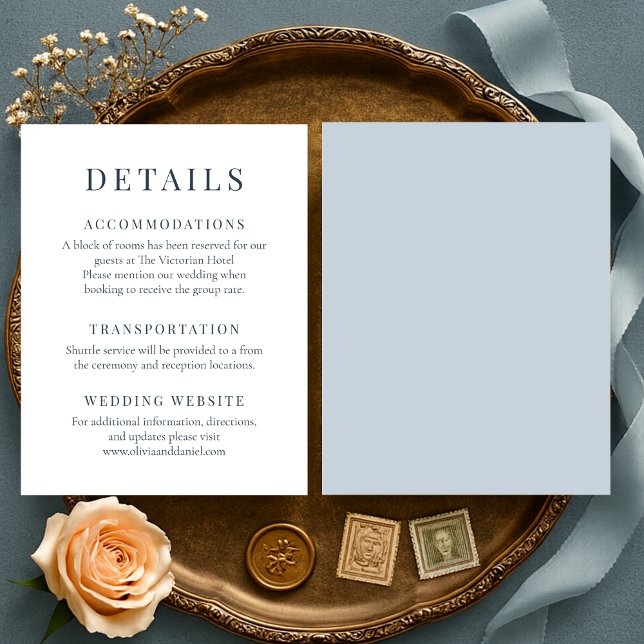 Invitación Coastal Blue Minimalist Elegant Wedding Details (Subido por el creador)