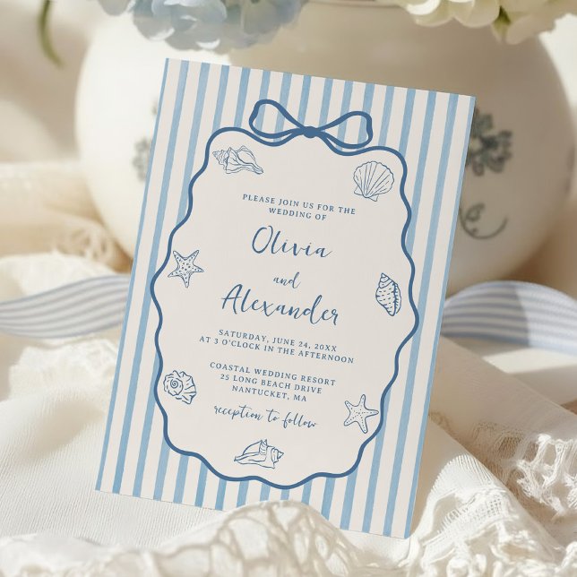 Invitación Coastal Blue Stripe Whimsical Hand Drawn Wedding (Subido por el creador)