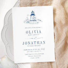 Invitación Coastal Blue Toile Lighthouse Wedding