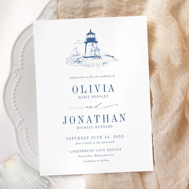 Invitación Coastal Blue Toile Lighthouse Wedding (Subido por el creador)