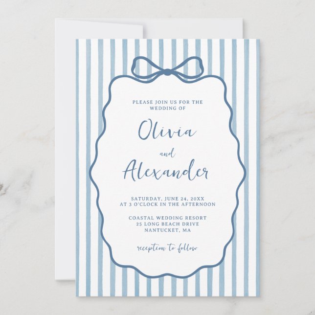 Invitación Coastal Blue Whimsical Stripe Bow Wedding (Anverso)