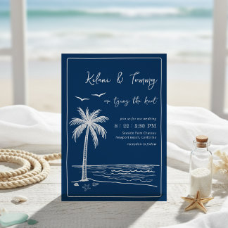 Invitación Coastal Blues Palm Tree Beach Wedding