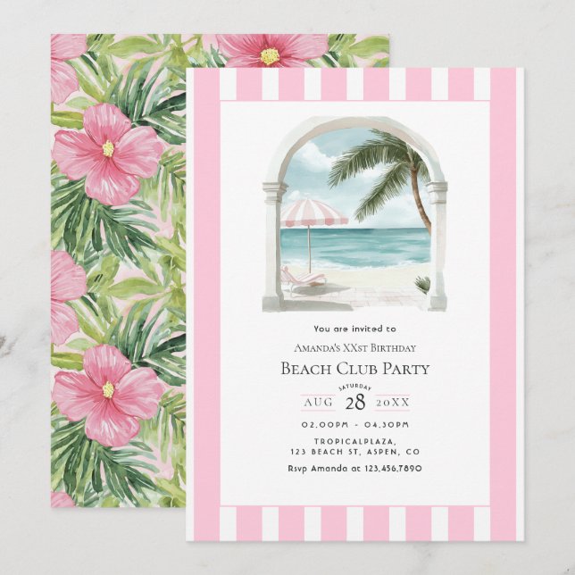 Invitación Coastal Chic Beach Club Birthday Party (Anverso / Reverso)