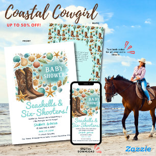 Invitación ⭐ Coastal Cowgirl Seashells Baby Shower Verde azul