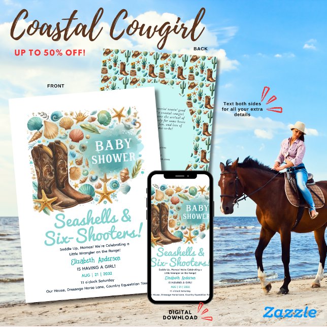 Invitación ⭐ Coastal Cowgirl Seashells Baby Shower Verde azul (Subido por el creador)