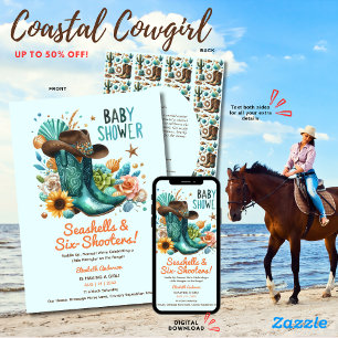 Invitación ⭐ Coastal Cowgirl Seashells Baby Shower Verde azul