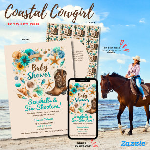 Invitación ⭐ Coastal Cowgirl Seashells Baby Shower Verde azul