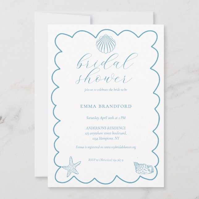Invitación Coastal Doodle Blue White Bridal Shower  (Anverso)