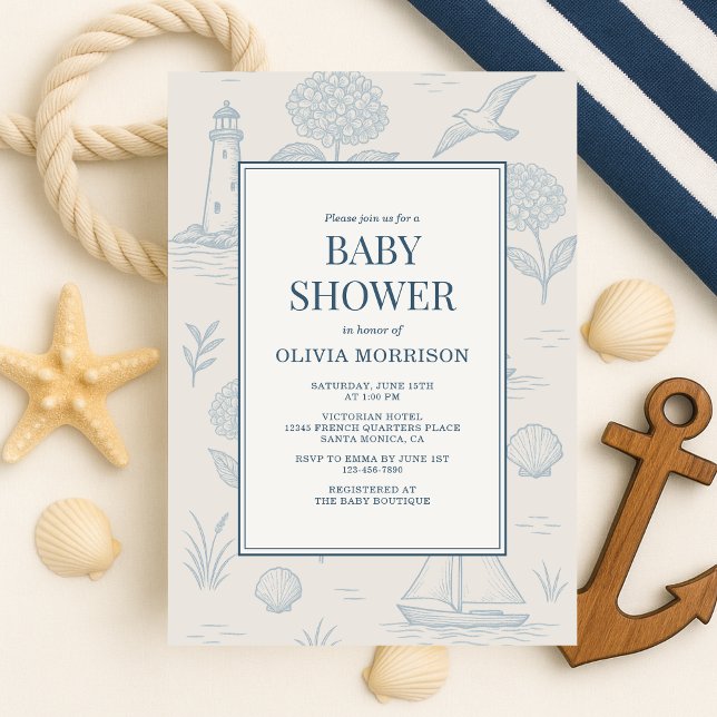 Invitación Coastal French Toile Blue Floral Baby Shower (Subido por el creador)