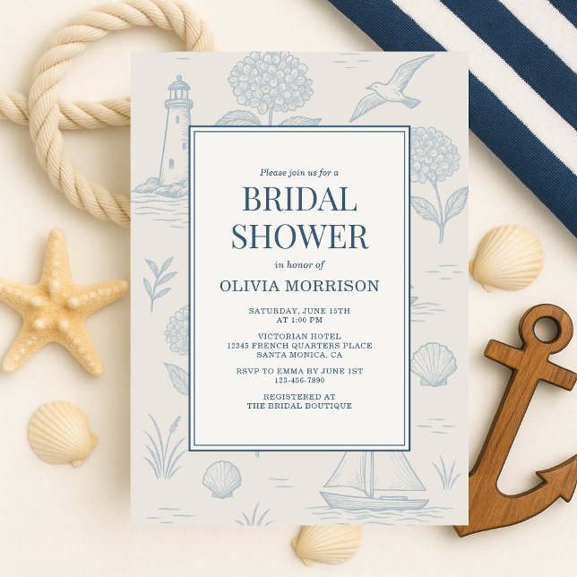 Invitación Coastal French Toile Blue Floral Bridal Shower (Subido por el creador)