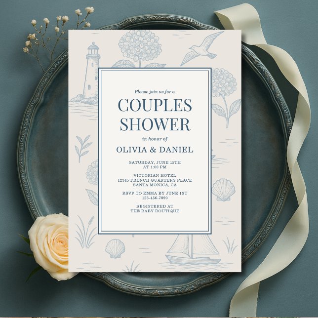 Invitación Coastal French Toile Blue Floral Couples Shower (Subido por el creador)