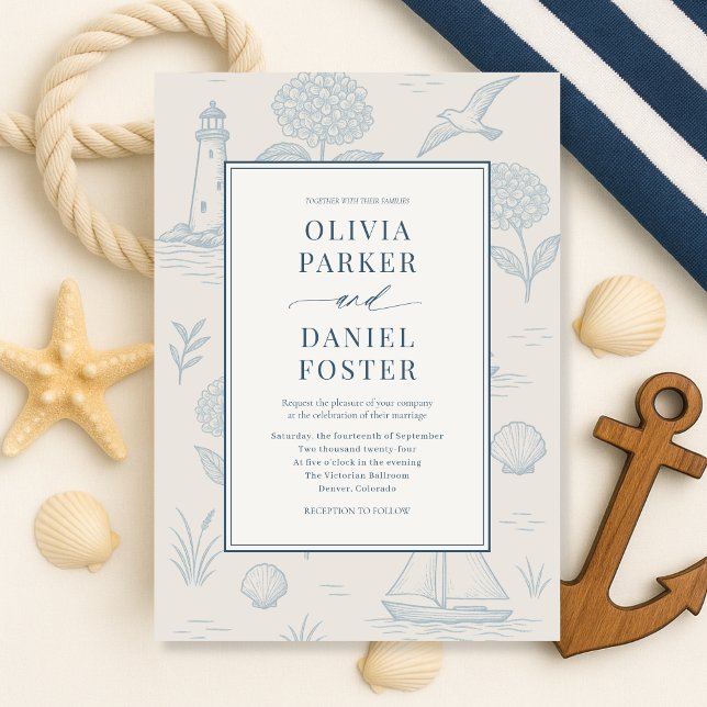 Invitación Coastal French Toile Blue Floral Wedding (Subido por el creador)