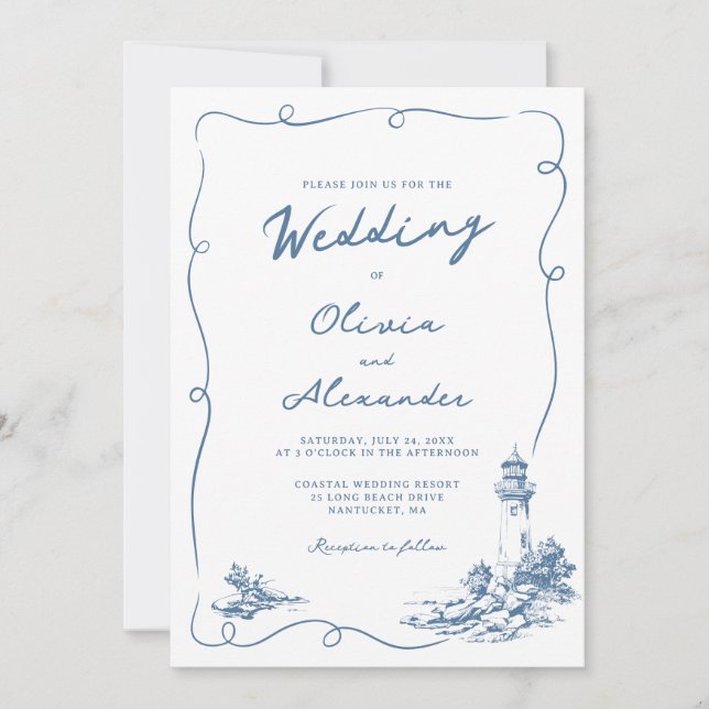Invitación Coastal Hand Drawn Whimsical Lighthouse Wedding  (Anverso)