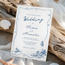 Invitación Coastal Hand Drawn Whimsical Lighthouse Wedding 