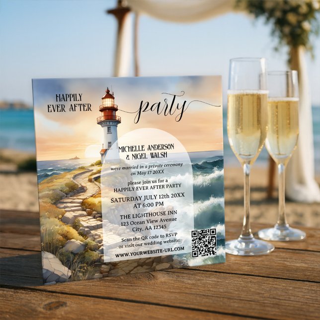 Invitación Coastal Lighthouse Happily Ever After Wedding (Watercolor happily ever after wedding invitation featuring a lighthouse at sunset - with QR code)