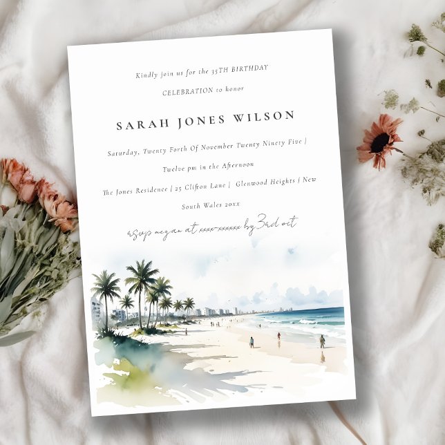 Invitación Coastal Miami Beach Palm Trees Acuarela Cumpleaños (Subido por el creador)