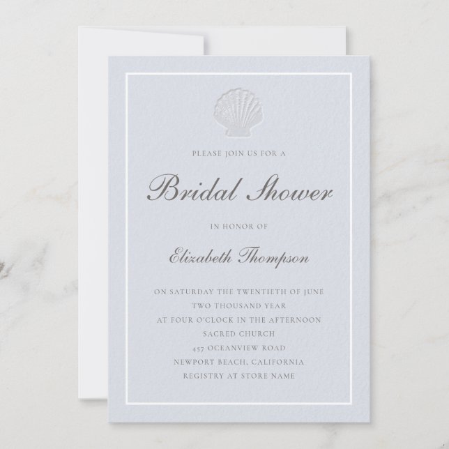 Invitación Coastal Nautical Shell Blue White Bridal Shower (Anverso)