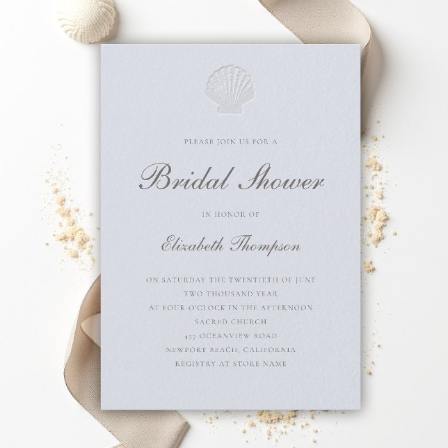 Invitación Coastal Nautical Shell Formal Blue Bridal Shower (coastal bridal shower invitation formal modern classic elegant script shell blue nautical ocean boat)