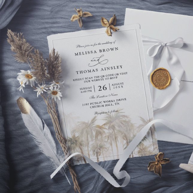 Invitación Coastal Palm Trees Beach Modern QR Code Wedding (Subido por el creador)