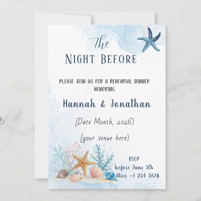 Invitación Coastal Romance Wedding Rehearsal Dinner (Anverso)