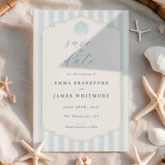 Invitación Coastal Seashell Blue Wedding Save the Date (Subido por el creador)